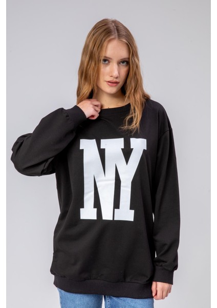 Fancy Kadın Bisiklet Yaka Ny Baskılı Regular Sweatshirt Siyah