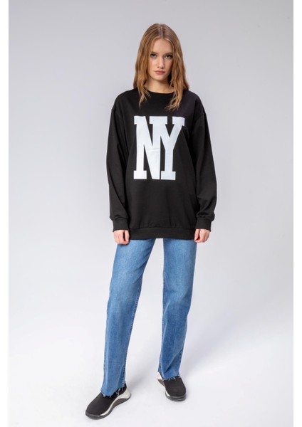 Fancy Kadın Bisiklet Yaka Ny Baskılı Regular Sweatshirt Siyah