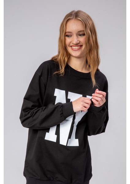 Fancy Kadın Bisiklet Yaka Ny Baskılı Regular Sweatshirt Siyah