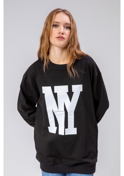 Fancy Kadın Bisiklet Yaka Ny Baskılı Regular Sweatshirt Siyah