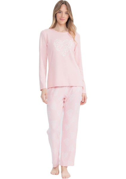 Kadın Pembe Yuvarlak Yaka Pijama Takımı 17108