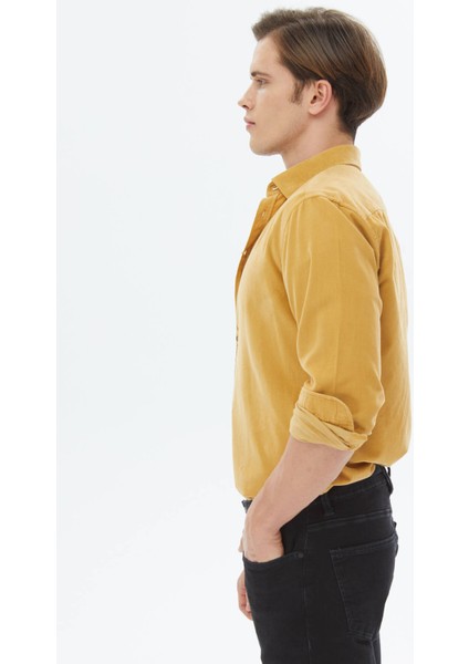 Sarı Fitilli Regular Fit Dokuma Kadife Casual %100 Pamuk Gömlek
