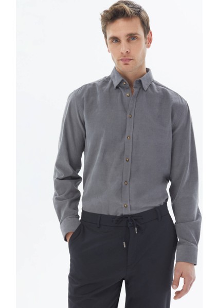 Gri Fitilli Regular Fit Dokuma Kadife Casual Pamuk Gömlek