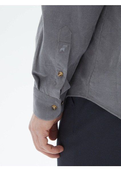 Gri Fitilli Regular Fit Dokuma Kadife Casual Pamuk Gömlek