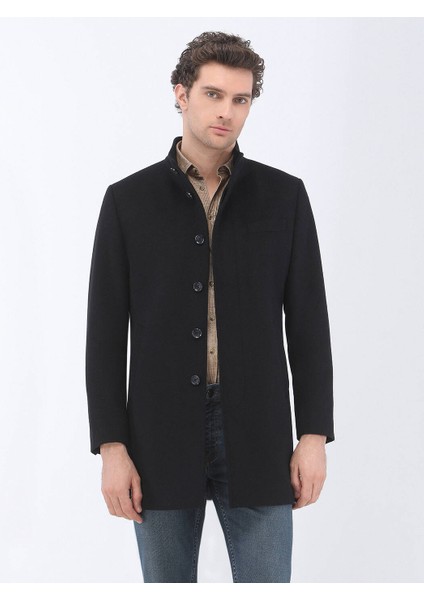 Siyah Dokuma Palto Orta Kalınlıkta Yün Karışımlı Erkek Kışlık Midi Model