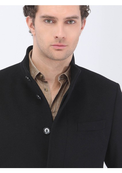 Siyah Dokuma Palto Orta Kalınlıkta Yün Karışımlı Erkek Kışlık Midi Model fırsatları