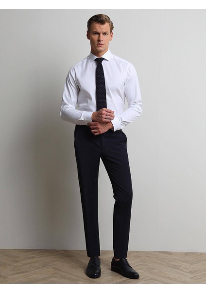 Lacivert Düz Dokuma Slim Fit Klasik Yün Karışımlı Pantolon