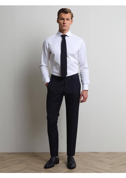 Lacivert Düz Dokuma Slim Fit Klasik Yün Karışımlı Pantolon