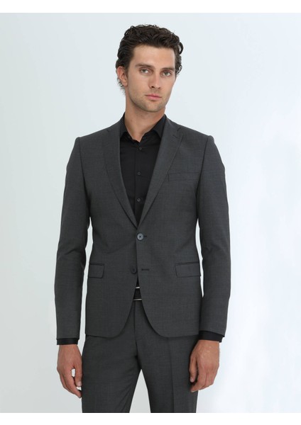 Antrasit Düz Modern Fit Yün Karışımlı Takım Elbise