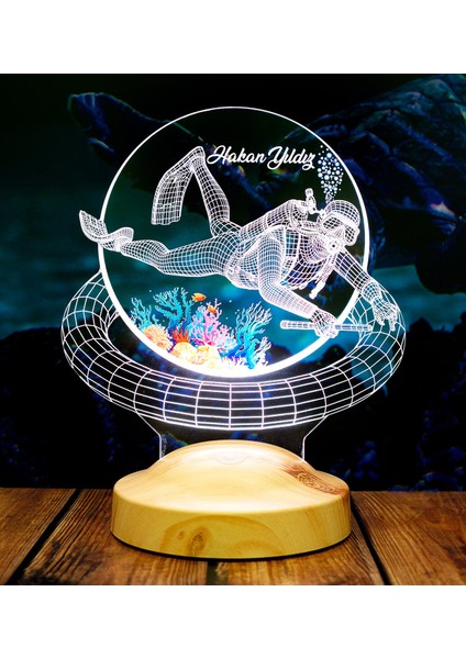 Dalgıç Hediyesi, Balık Adam Hediyesi 3D LED Lamba, Kişiye Özel 3D LED Lamba Scuba Diving Dalgıç Tasarımlı Lamba