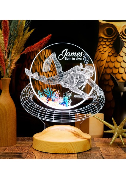 Dalgıç Hediyesi, Balık Adam Hediyesi 3D LED Lamba, Kişiye Özel 3D LED Lamba Scuba Diving Dalgıç Tasarımlı Lamba
