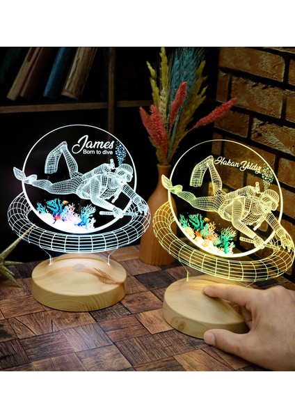 Dalgıç Hediyesi, Balık Adam Hediyesi 3D LED Lamba, Kişiye Özel 3D LED Lamba Scuba Diving Dalgıç Tasarımlı Lamba
