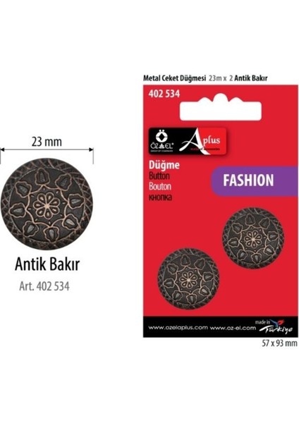 Antik Bakır Desenli 2 Adet 23 mm Düğme, Gömlek Bluz Elbise Düğmesi 402 534