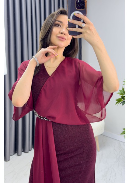Bordo Taş Detaylı Volan Kol Simli Abiye Elbise fiyatları