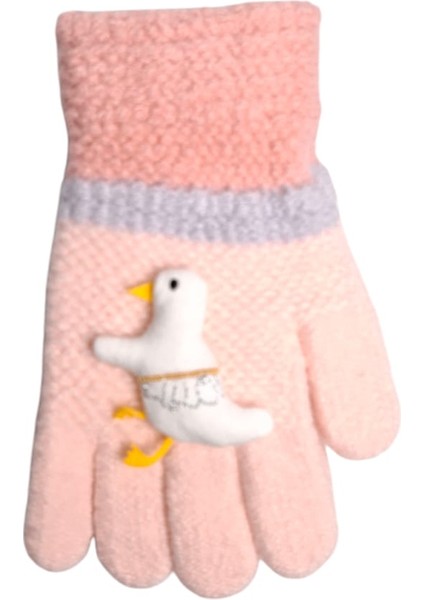 Spteks 4-8 Yaş Kız Çocuk Açık Pembe Maskotlu Kışlık Örme Eldiven