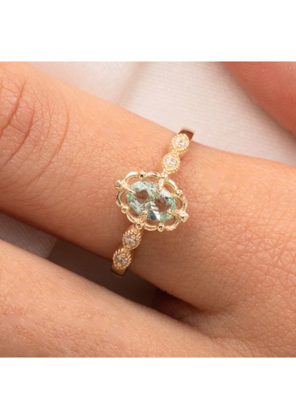 Gümüş Yüzük - Green Topaz Taşlı Gelin Başı Tektaş 925 Ayar Gümüş Evlilik Teklifi Yüzüğü