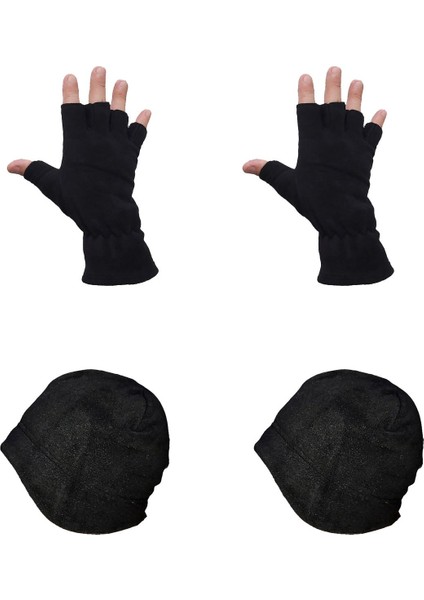 Erkek 4'lü Termal Polar Siyah Kışlık Kesik Parmak Eldiven - Çift Kat Polar Siyah Kulaklı Bere - Set