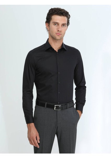 Siyah Düz Slim Fit Dokuma Klasik Pamuk Gömlek