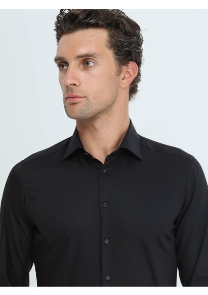 Siyah Düz Slim Fit Dokuma Klasik Pamuk Gömlek