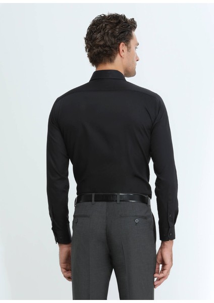 Siyah Düz Slim Fit Dokuma Klasik Pamuk Gömlek