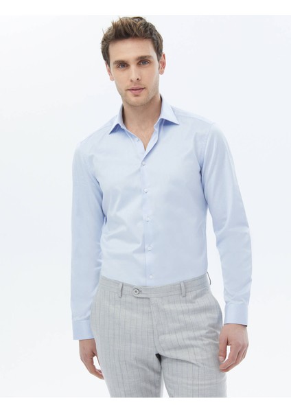 Mavi Düz Slim Fit Dokuma Klasik Pamuk Gömlek