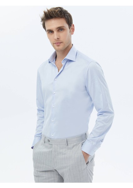 Mavi Düz Slim Fit Dokuma Klasik Pamuk Gömlek