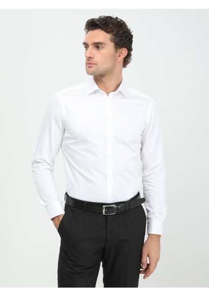 Beyaz Düz Slim Fit Dokuma Klasik Pamuk Gömlek