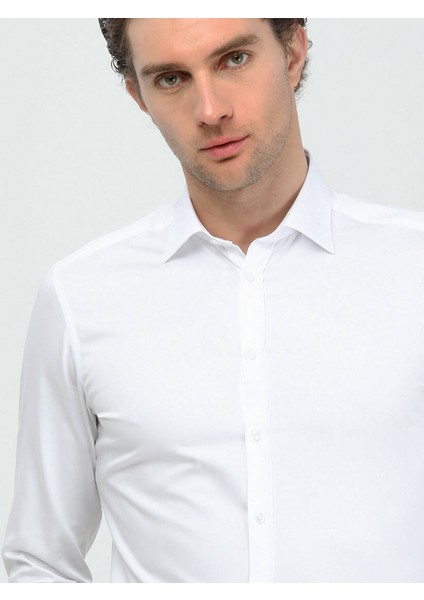 Beyaz Düz Slim Fit Dokuma Klasik Pamuk Gömlek
