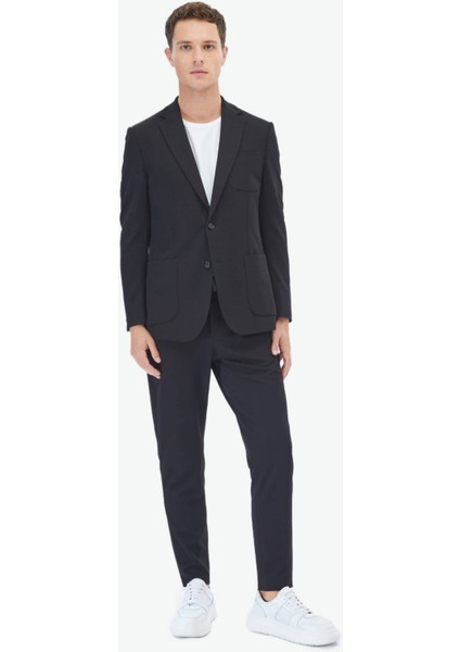 Siyah Düz Modern Fit Örme Takım Elbise