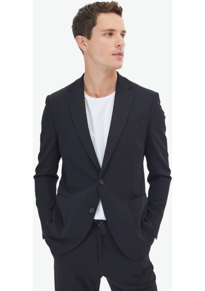 Siyah Düz Modern Fit Örme Takım Elbise