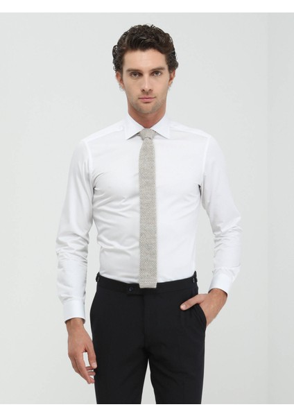 Beyaz Düz Slim Fit Dokuma Klasik Pamuk Gömlek
