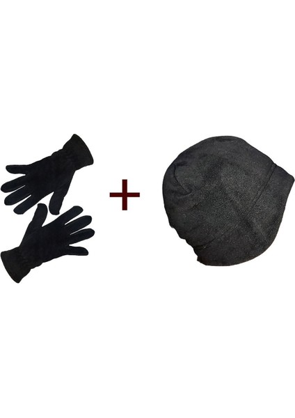 Erkek Siyah Çift Katlı Polar Bere Kulaklı Termal Kışlık Polar M-L Eldiven Bere 2'li Set Takım