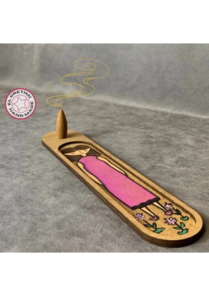 El Yapımı Pembe Elbiseli Şirin Kız Ahşap Tütsü Kayığı - 5 x 25 cm