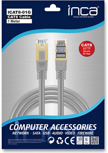 Inca Icat8-01g Cat8 S/ftp 40GBPS 2000MHZ High Speed %100 Copper Network Kablo Gri