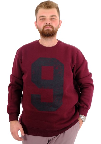 Mode Xl Büyük Beden Erkek Sweatshirt 3 Iplik Şardonlu Baskılı Nıne U24528 Mürdüm
