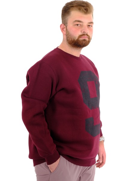 Mode Xl Büyük Beden Erkek Sweatshirt 3 Iplik Şardonlu Baskılı Nıne U24528 Mürdüm modelleri