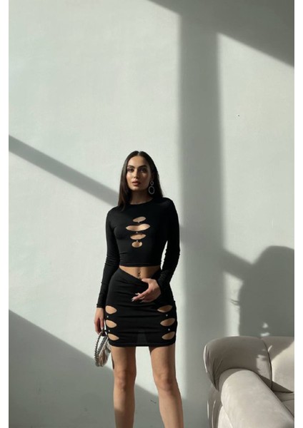 Kadın Siyah Crop Etek Tasarım Takım NBDF006 fırsatları