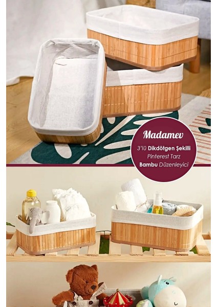 3lü Pinterest Stil Bambu Kare Sepet Dekoratif Ev Düzenleyici Organizer Çok Amaçlı Bambu Hasır Sepet