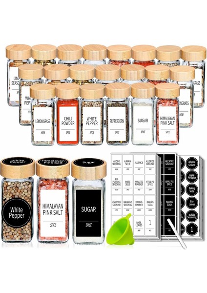 Blaze 12 Adet Bambu Desen Kapaklı Cam Baharatlık Tuzluk Biberlik - Etiket, Kalem Huni ve Fırça Hediye