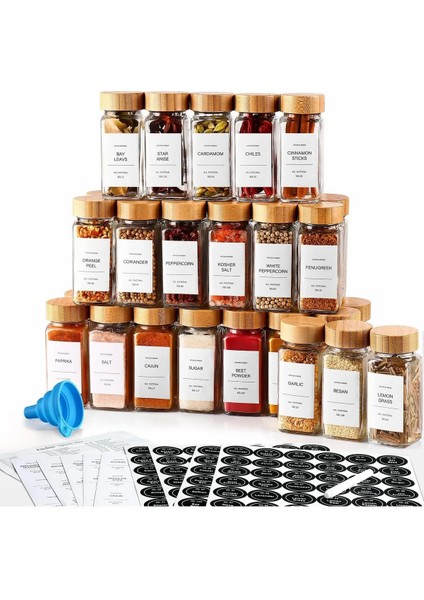 Blaze 12 Adet Bambu Desen Kapaklı Cam Baharatlık Tuzluk Biberlik - Etiket, Kalem Huni ve Fırça Hediye fırsatları