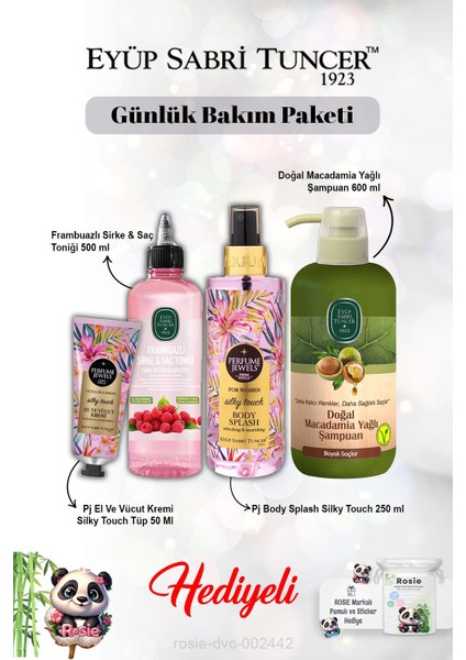 Macadamia Şampuan, Frambuaz Tonik, Vücut Spreyi Splash Silky Touch ve Kremi ve Rosie
