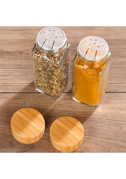 6 Adet Bambu Baharatlık Cam Baharat Kavanozu Bambu Kapaklı Kavanoz Serpme Başlıklı Baharatlık 120 ml