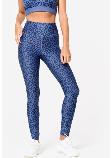 Domyos Kadın Yüksek Bel Leopar Desenli Fitness Taytı Mavi Slim Fit Tasarım