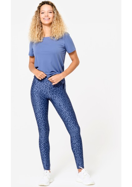 Domyos Kadın Yüksek Bel Leopar Desenli Fitness Taytı Mavi Slim Fit Tasarım fiyatları