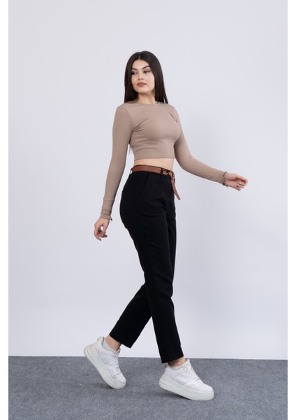 Kot Gabardin Kemerli ve Beli Lastikli Dar Paça Pantolon 30164