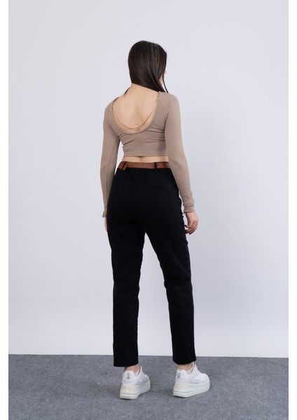 Kot Gabardin Kemerli ve Beli Lastikli Dar Paça Pantolon 30164