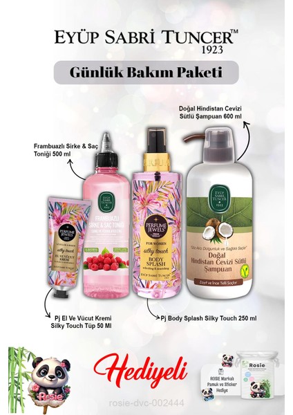 Hindistan Cevizi Şampuan, Frambuaz Tonik, Vücut Spreyi Splash Silky Touch ve Kremi ve Rosie