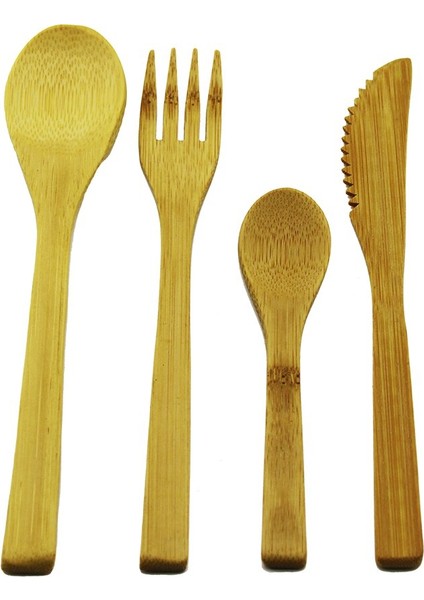 4 Parça - Ahşap Bambu Mutfak Seti - 2 Kaşık - Çatal - Bıçak