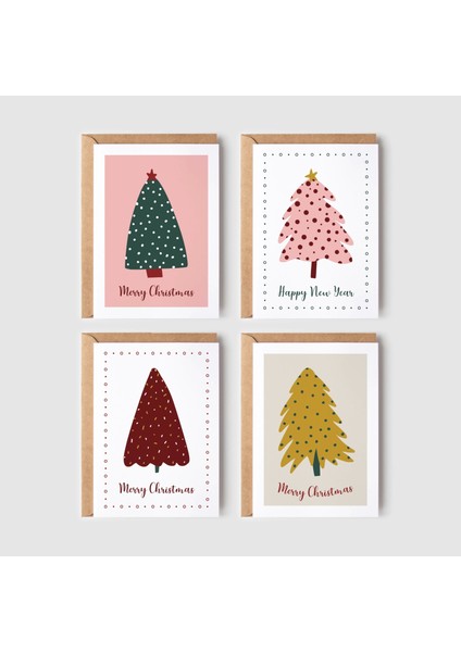 8’li Yılbaşı Ağaçlı Kartpostal Seti Mutlu Yıllar Kartı Yeni Yıl Kartları