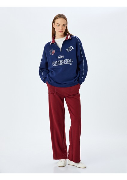 Yarım Fermuarlı Kolej Baskılı Biyeli Oversize Sweatshirt